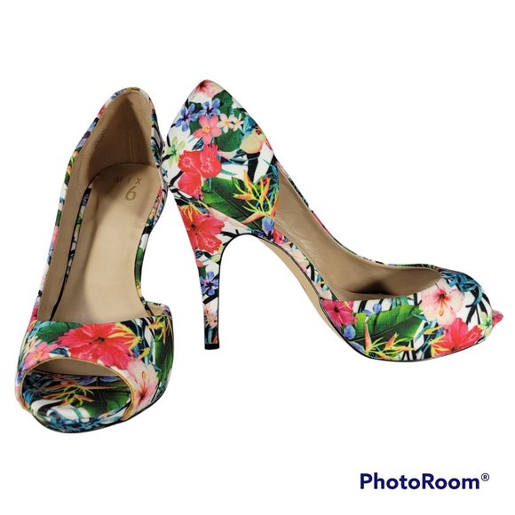 Mix No. 6 Shoes - Mix No. 6 Women's Size 9 CHELLE Floral Colorful Fabric 4" Stiletto Peep Toe Heel